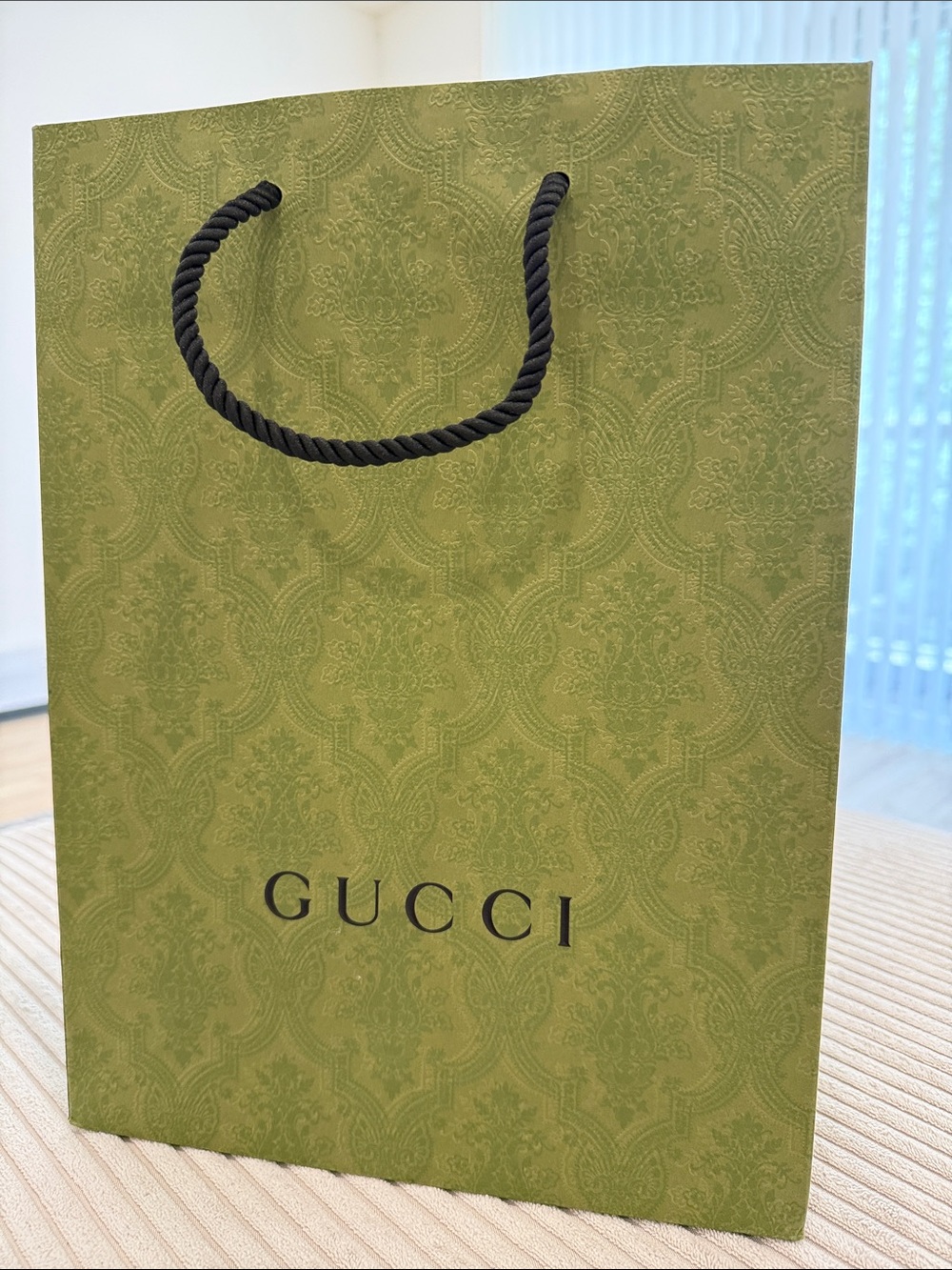 Gucci Olive Green Embossed Logo Shopping Paper Bag with Black Rope Handles